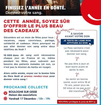 Venez donner votre sang le 17 décembre à Boulogne sur Gesse.