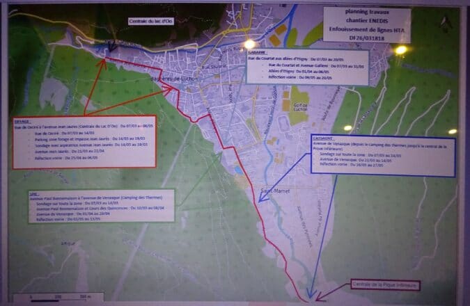 Plan du tracé du chantier d'enfouissement prévu par Enedis à Bagnères de Luchon.