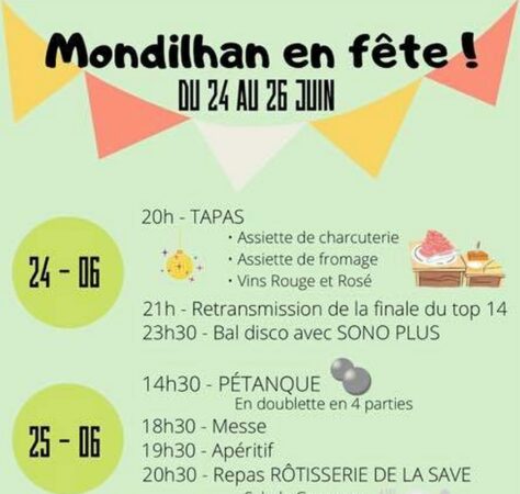 La fête battra son plein à Mondilhan les 24, 25 et 26 juin prochains, pensez à réserver pour le repas du samedi.