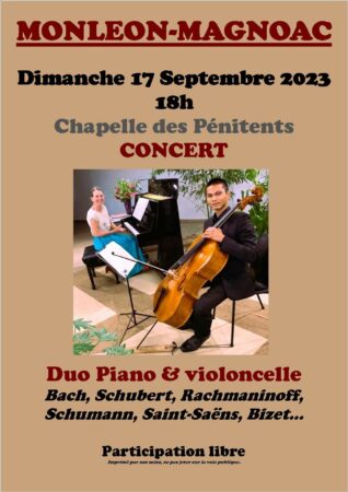 Un superbe concert piano-violoncelle à la chapelle de Monléon le 17 septembre, à ne pas manquer.