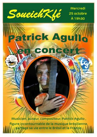 Patrick Agullo (guitare et chant), répertoire brésilien : bossa nova, chansons brésiliennes ou inspirées par le Brésil, standards classiques et compositions de Patrick lui-même.